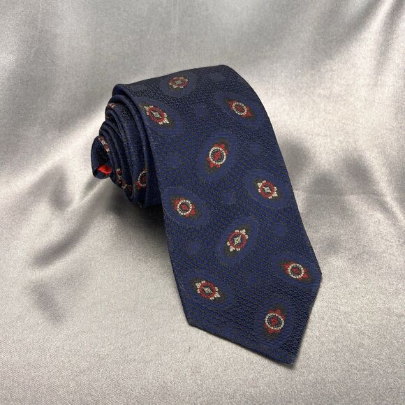 FACONNABLE Men’s Neck Tie Hand Made 100% Silk France Geometric Navy Red Wedding - Picture 2 of 11